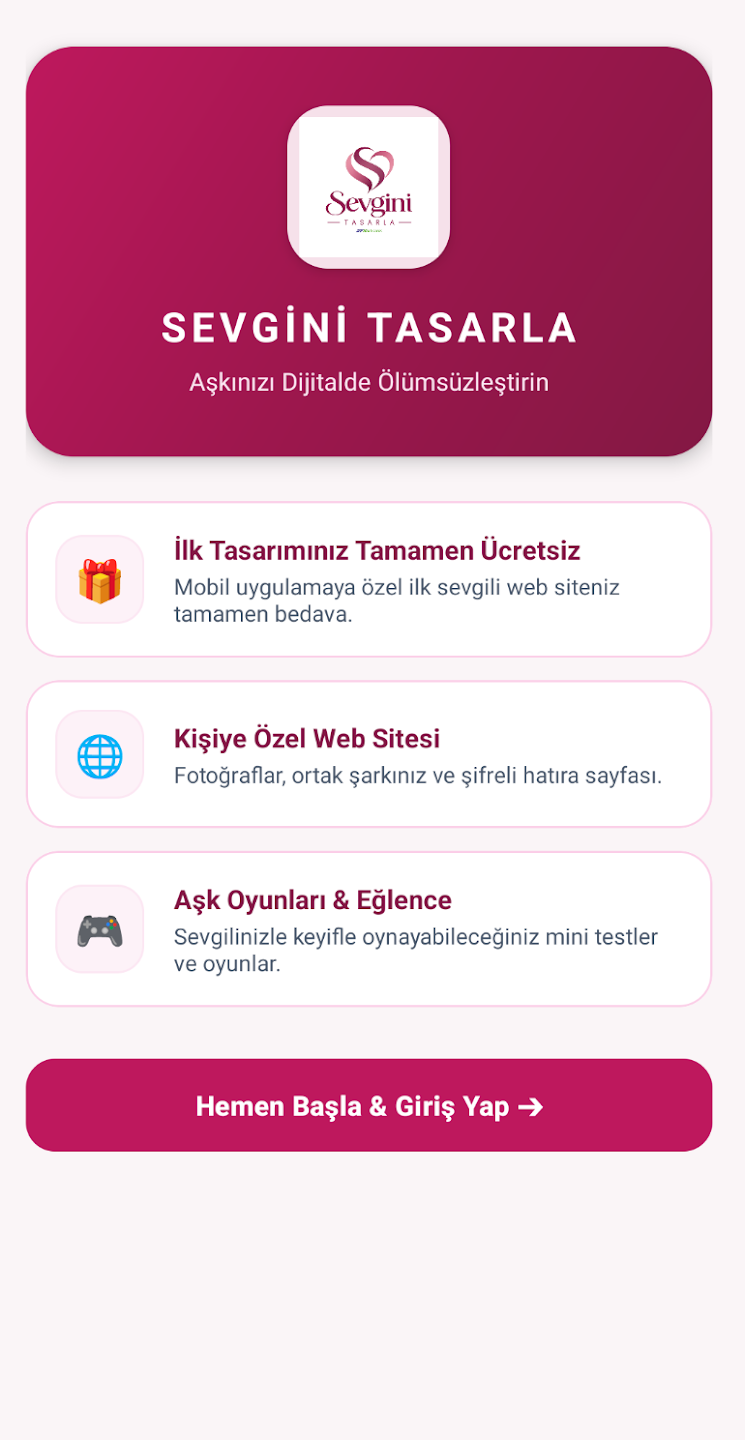 Sevgini Tasarla uygulama ekranı